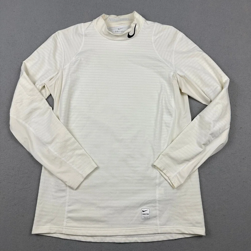 Nike Pro Shirt Men Large White Mock Neck Dri-FIT Long Sleeve Base Layer L *